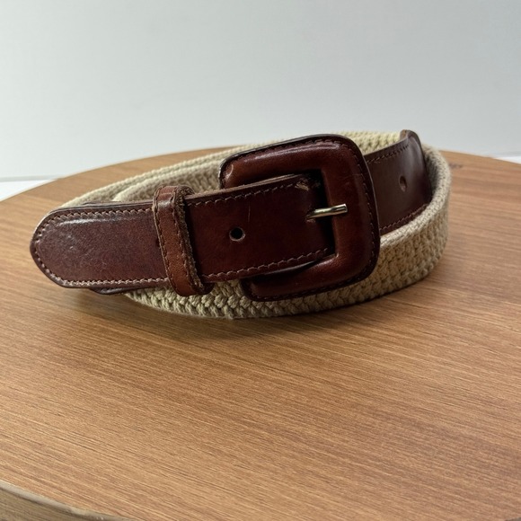 Stretchy Belt Woven Tan Beige Casual Leather Made‎ in USA Size M/L 36 - Picture 1 of 7